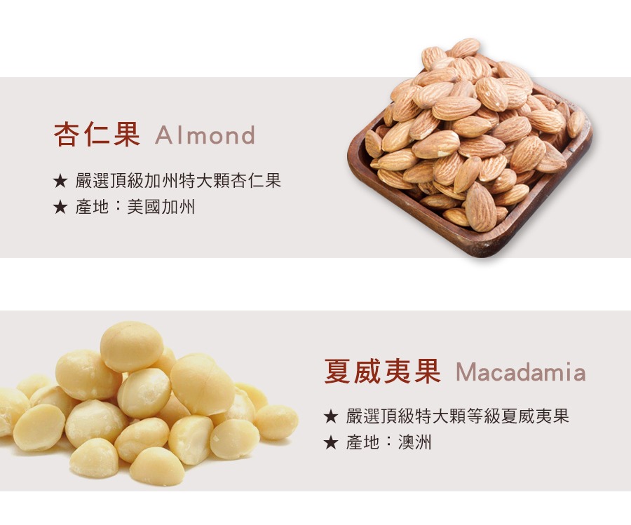 嚴選頂級加州特大顆杏仁果 Almond,嚴選頂級特大顆等級夏威夷果 Macadamia