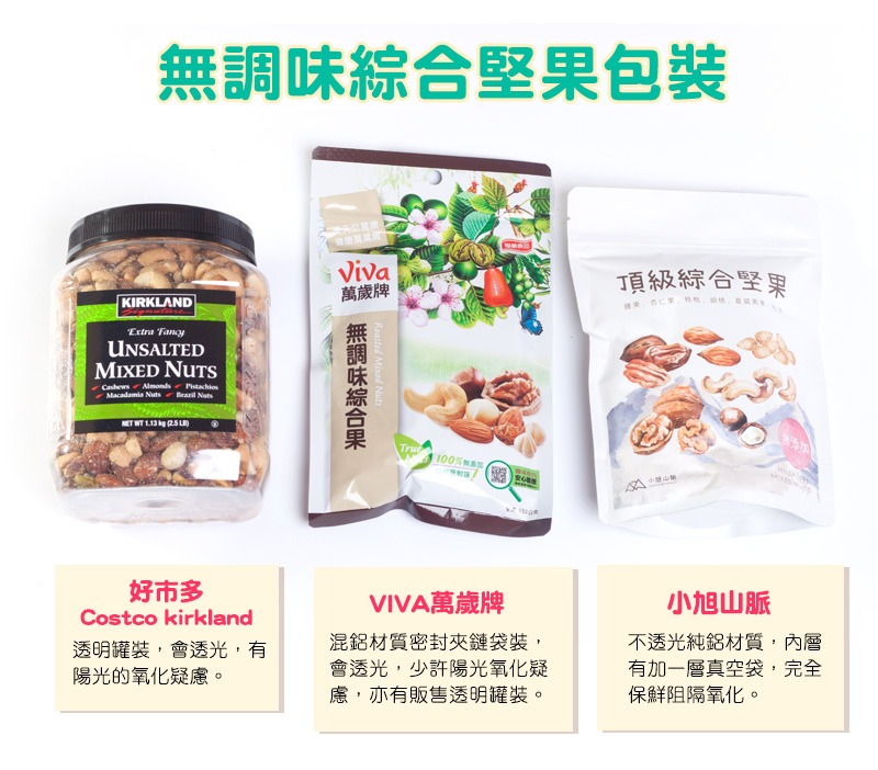 小旭山脈頂級無調味堅果不透光純鋁材質,內層有加一層真空袋,完全保鮮阻隔氧化。與VIVA萬歲牌以及好市多costco綜合堅果包裝比較。